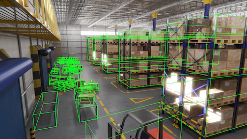 SKY ENGINE AI synthetic data for AI models training for warehouse inventorying with AI drones bounding box3D object detection thumb